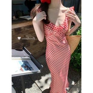 【原版做法+内里】甜美法式红色格子吊带连衣裙子女度假风鱼尾长