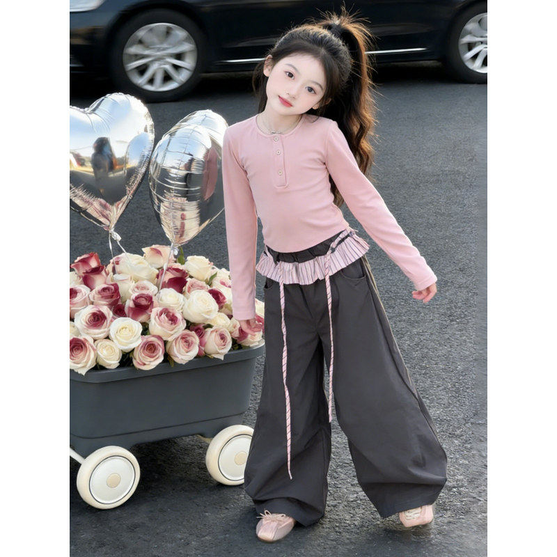 长袖春秋爵士舞街舞裤腿2026T恤套装新款粉色儿童边阔荷叶女童服