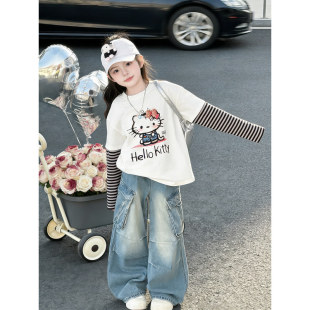 两件套T恤春装女大长袖新款儿童假女童工装裤牛仔2026套装潮两件