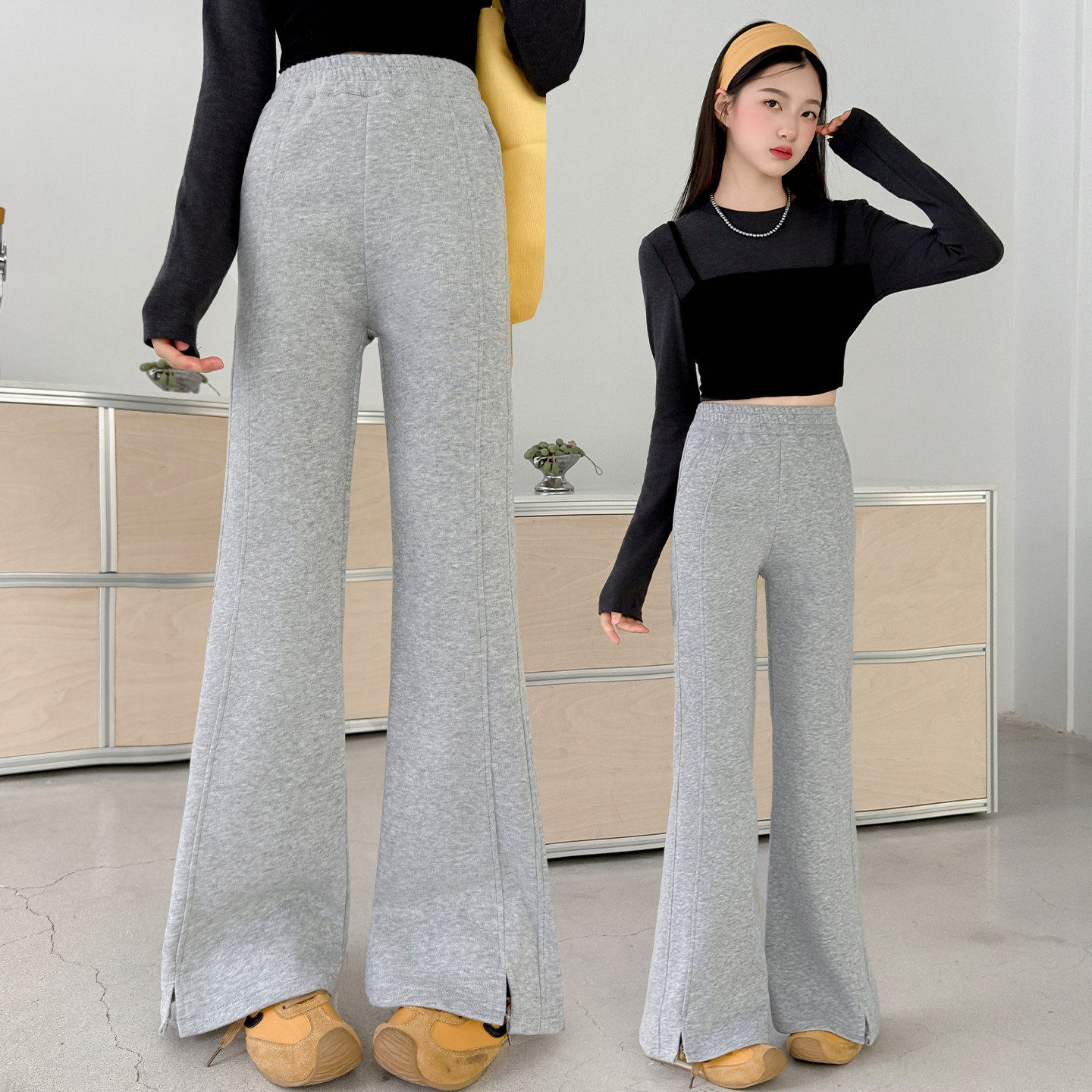 女孩运动裤中大童2026裤子长开叉儿童微喇新款春季喇叭裤女童休闲