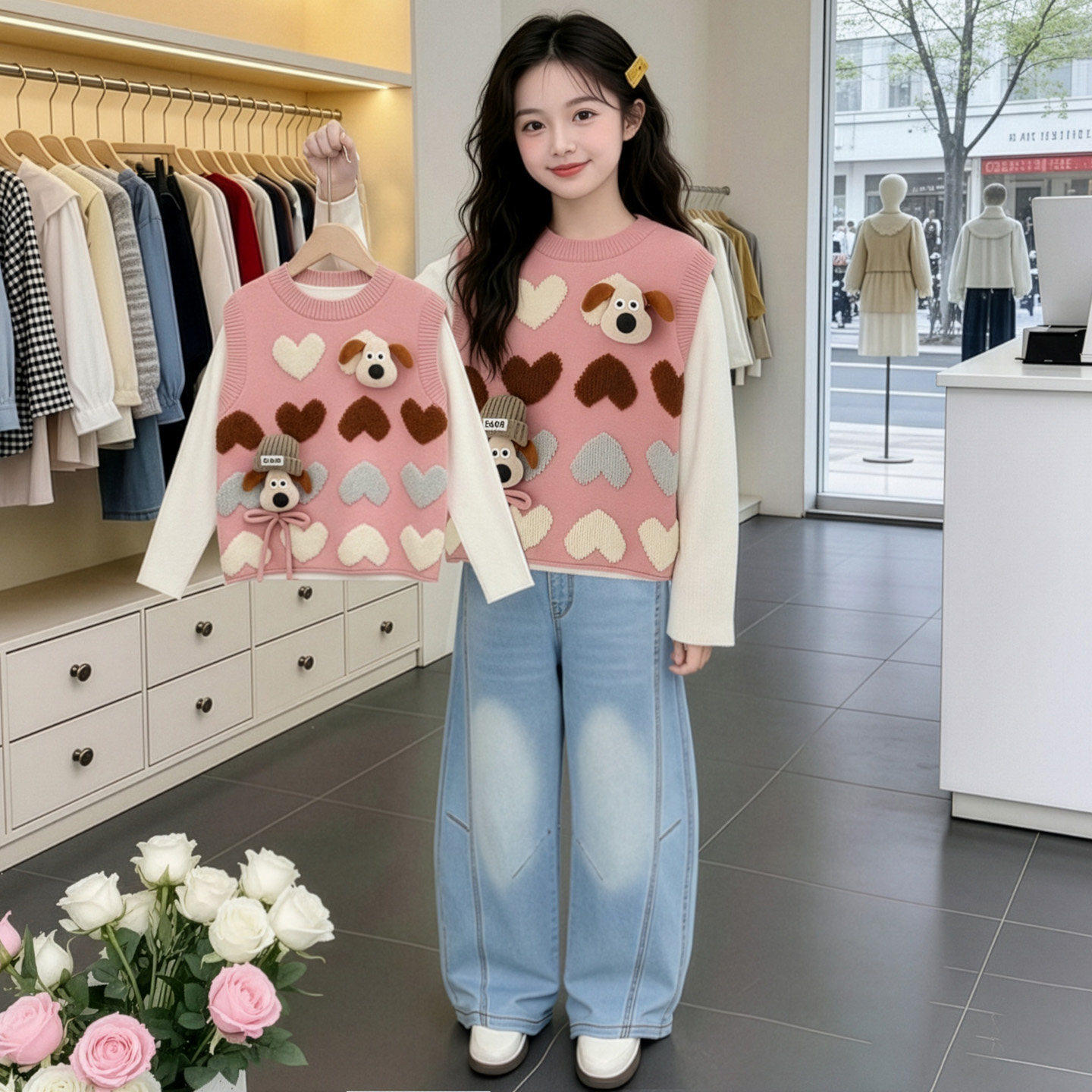 上衣衬衫女童背心卡通针织套装儿童春装三件套女孩春秋大马甲甜美