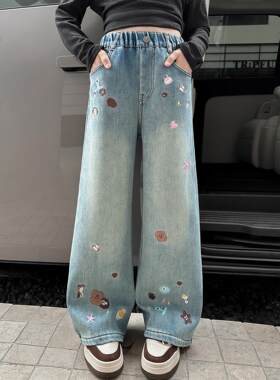 长裤韩版阔腿中大童女童2026牛仔裤个性筒新款时尚百搭直春秋裤潮