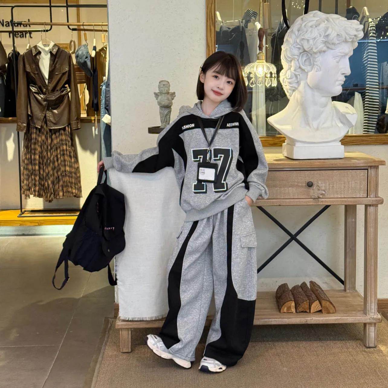 两件套时髦休闲大童上衣连帽女童2025春秋装套装儿童运动卫衣新款