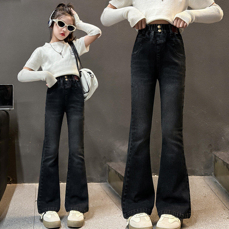 儿童黑色裤子加厚女童马蹄冬季秋冬微喇裤牛仔女孩喇叭裤加绒新款