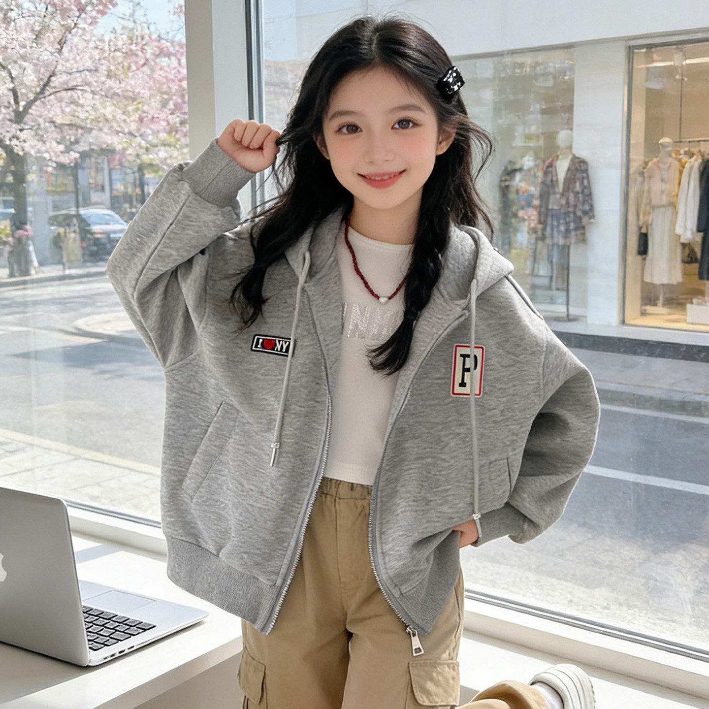新款洋气外套春秋季学院卫衣女童2026拉链春装连帽风开衫女孩休闲
