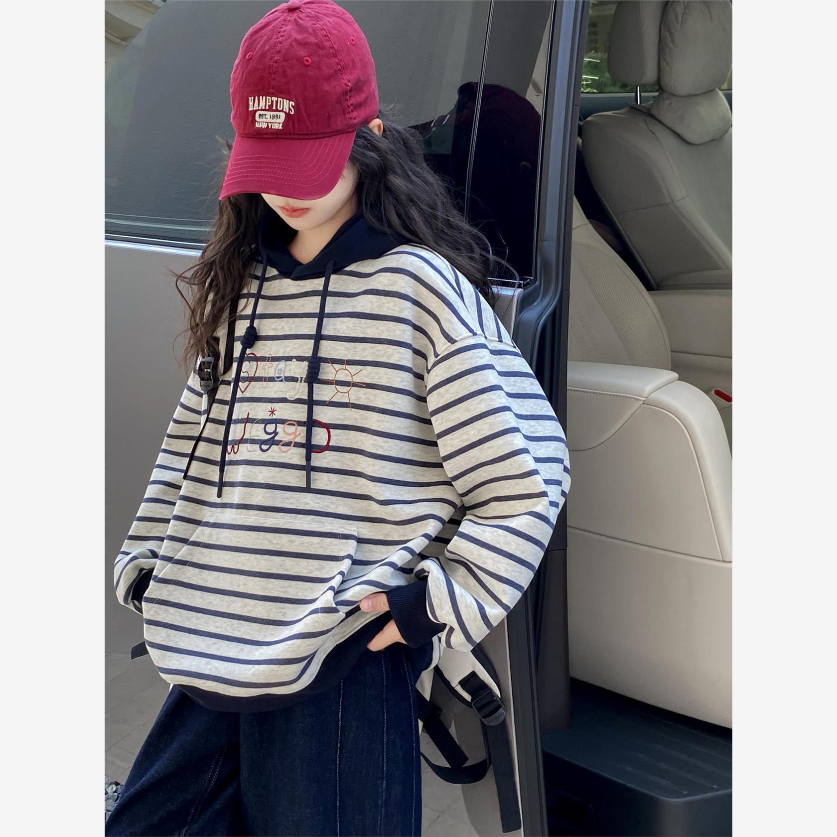 女童条纹卫衣春秋款2025新款炸街童装开学季女大童韩系连帽上衣潮