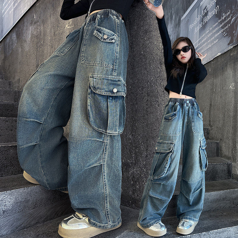 女童春秋装工装裤牛仔新款春季长裤直筒宽松中大童2026宽裤儿童