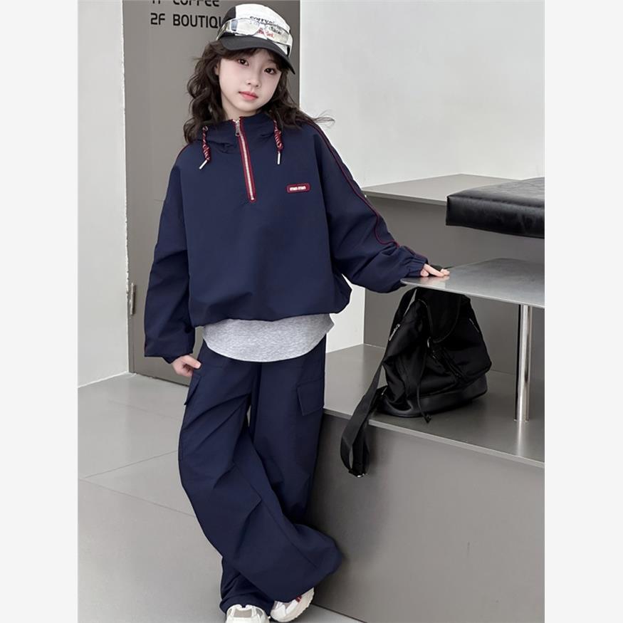 女童中大童韩版休闲假两件连帽冲锋衣外套2025秋季新款工装裤套装