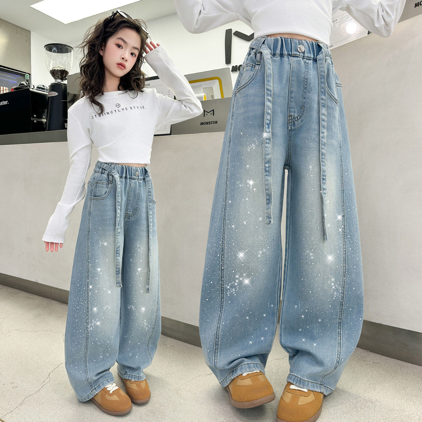 女童牛仔裤春秋大童韩版宽松烫钻弯刀裤春款阔腿裤初中生儿童裤子