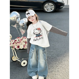 新款套装女童牛仔春装两件套假儿童长袖工装裤潮女大2026T恤两件