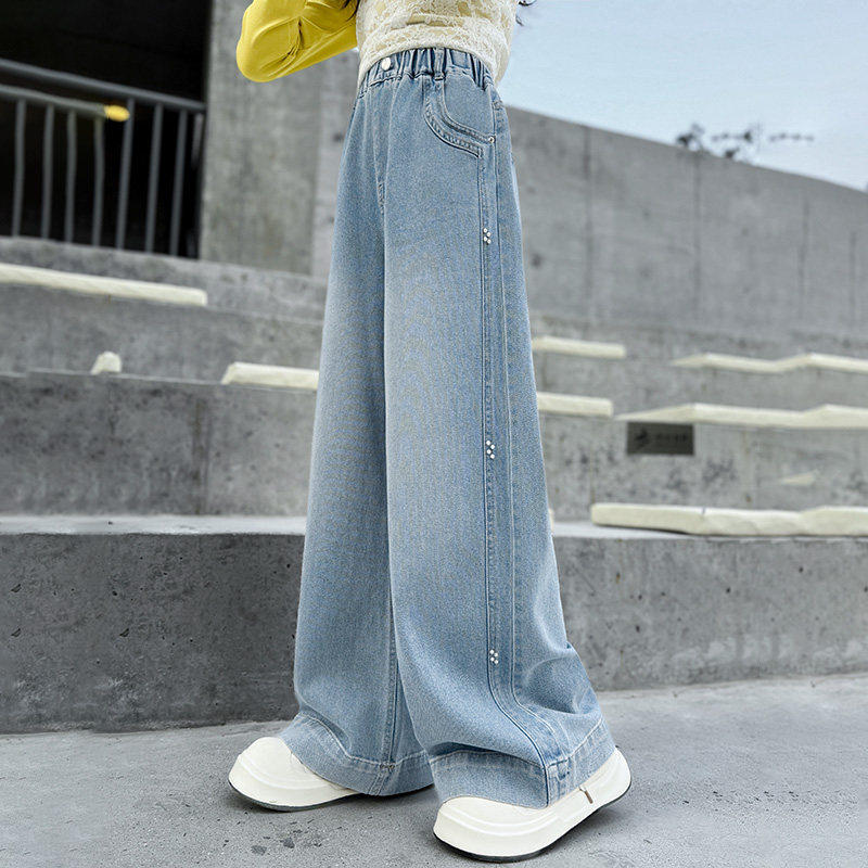 裤子女大童童装裤新款2026春秋春季女童阔腿直筒浅蓝色儿童牛仔裤