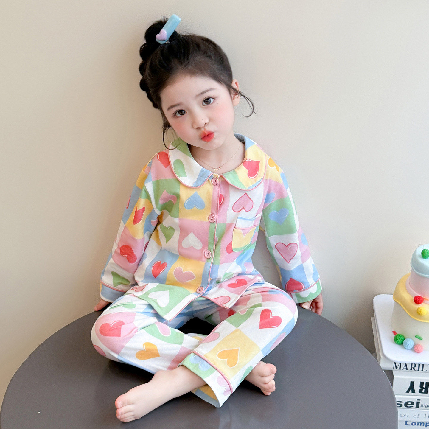 莫代尔服女孩纯棉睡衣爱心家居服女童春装儿童女春季宝宝春秋空调