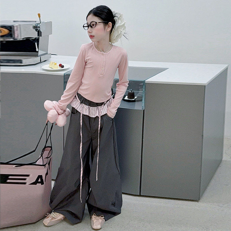 套装两件套长袖女童大半开穿T恤领潮酷爵士舞辣妹儿童搭女孩春装