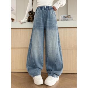 2026阔腿裤 春装 牛仔裤 中大童春秋烫新款 时髦洋气弯刀女童 儿童钻裤