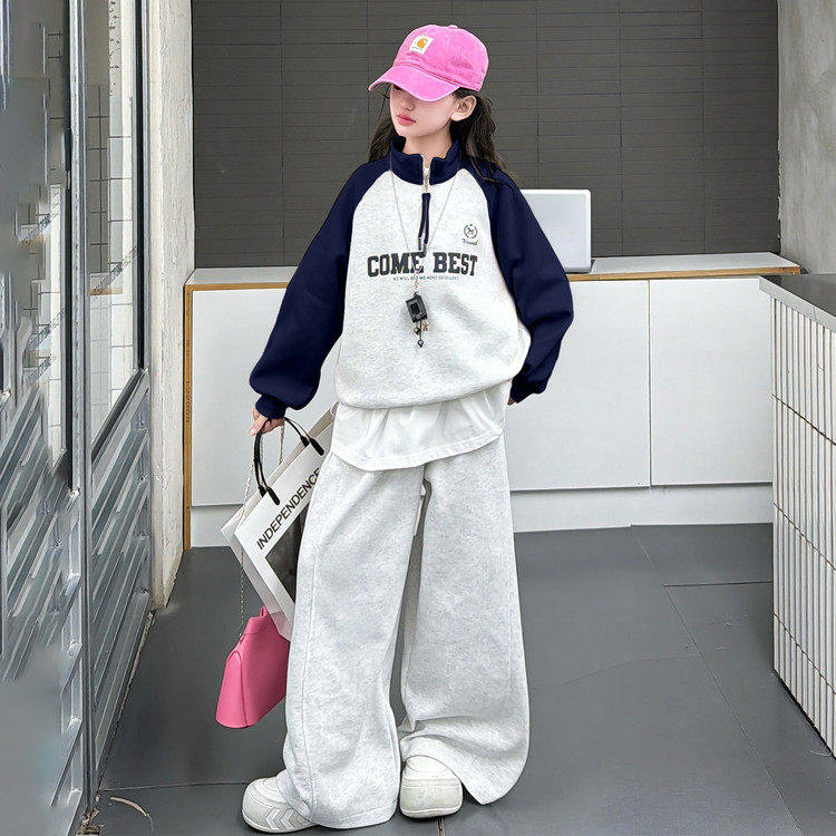 运动装卫衣学生女童春秋洋气拼色新款2026两件套休闲中大童款套装