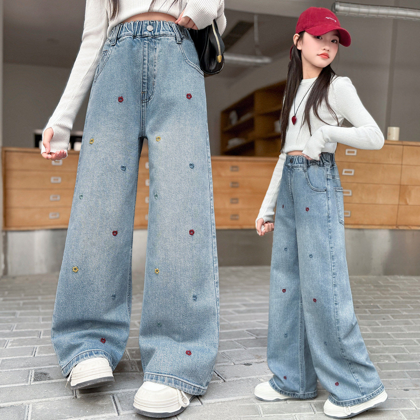 牛仔裤女童阔腿休闲花朵2026牛仔裤春秋洋气中大童裤百搭新款刺绣