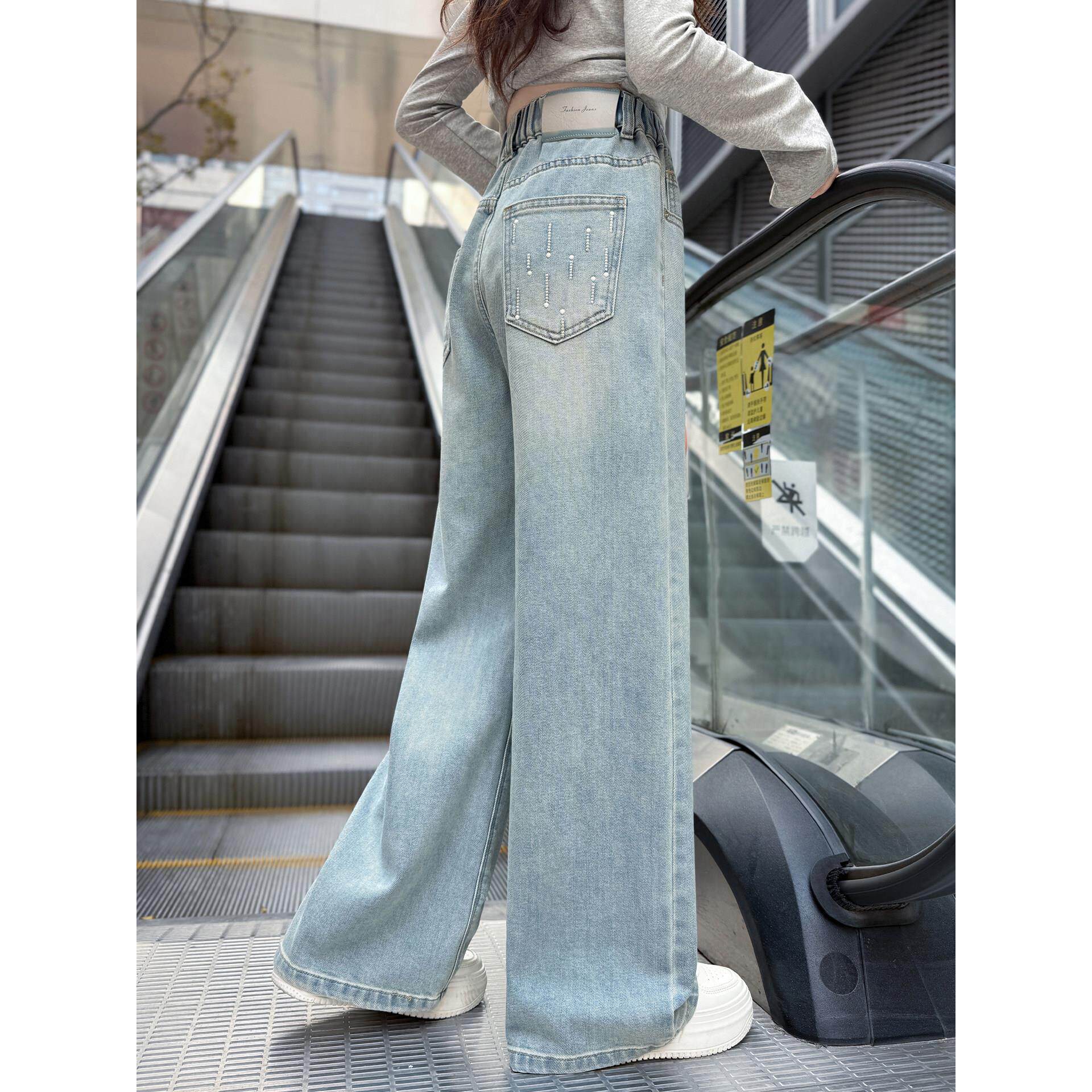 直筒时髦浅色女童春秋裤子腿洋气阔长裤新款儿童牛仔裤2026中大童