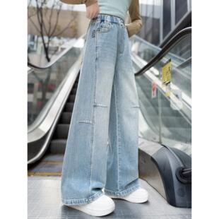 春秋春季时髦款牛仔裤直筒儿童女大童女童春装休闲裤子洋气阔腿裤