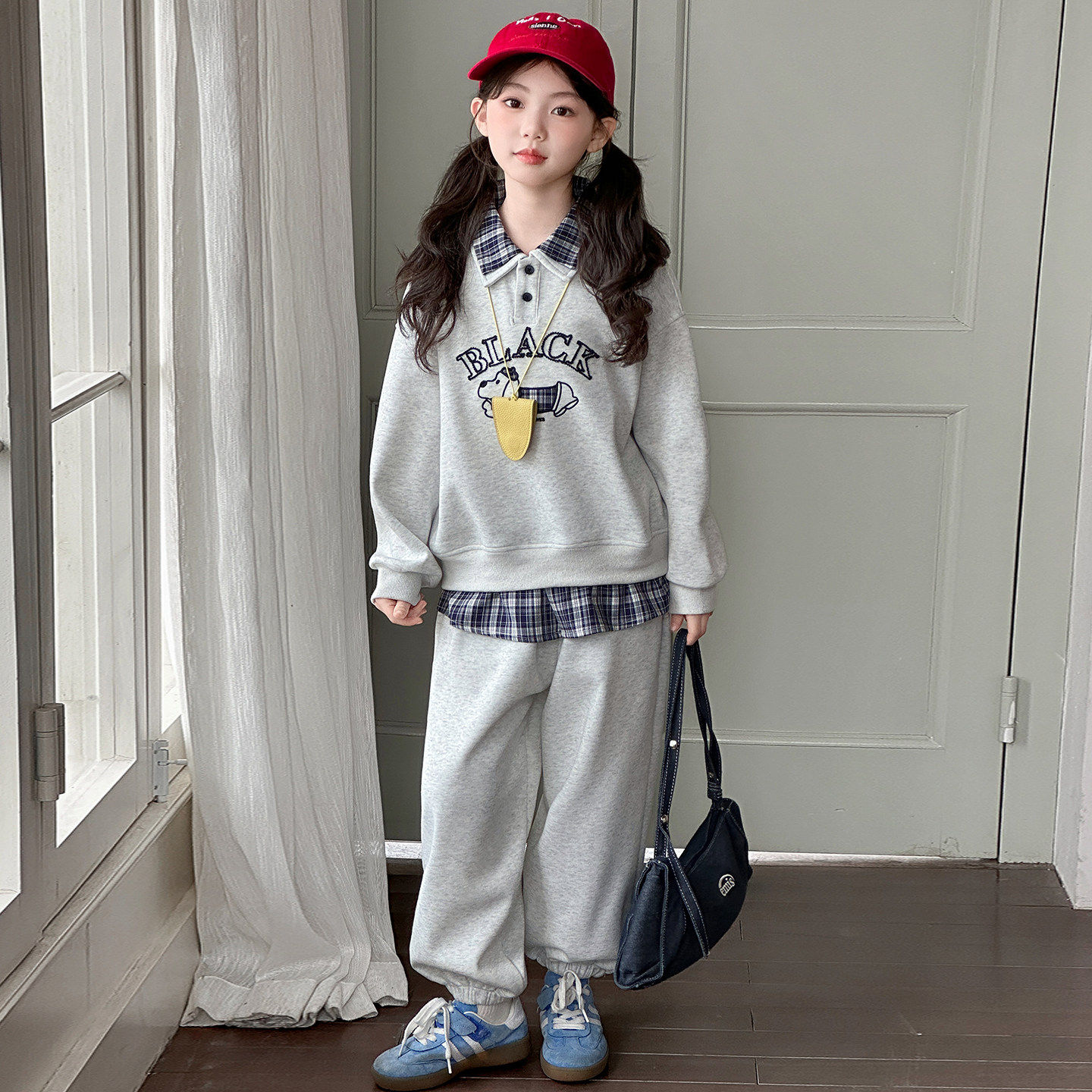 时髦套装2026拼接两件套格子衫春装中大童女童两件假卫衣新款Polo