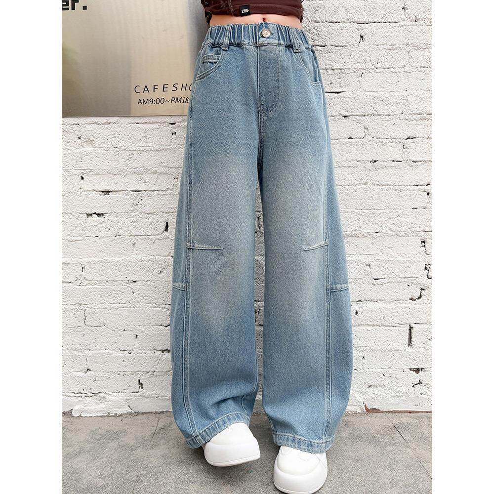 女童春季浅色子洋气长裤中大童新款儿童阔腿裤2026直筒春秋牛仔裤