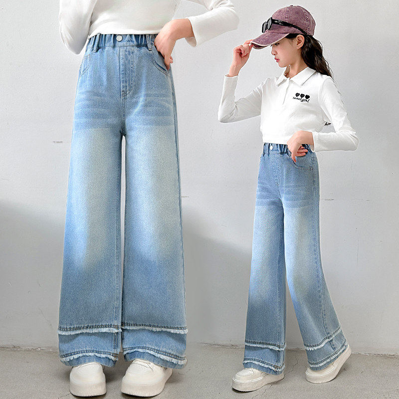 2026裤版阔春款儿童百搭窄牛仔裤腿新款中大童女孩女童筒裤毛边直