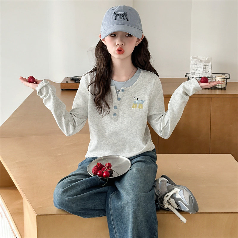 女童潮洋气两件牛仔休闲春秋中大童长袖新款阔腿裤2026套装T恤假