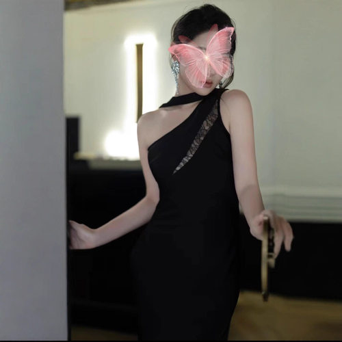 TZ3874轻奢性感风拼蕾丝飘带宴会礼服裙女镂空不对称斜肩鱼尾长裙