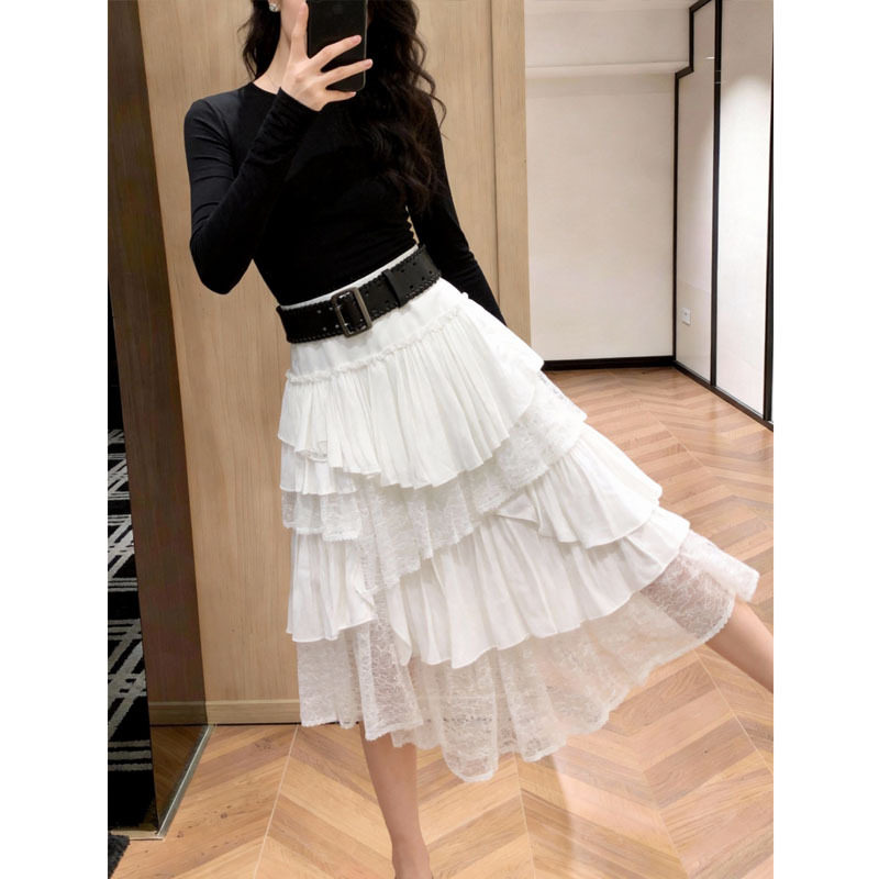 今年春季新款连衣裙荷叶边腰带层次半身裙白色设计感裙子女潮2026