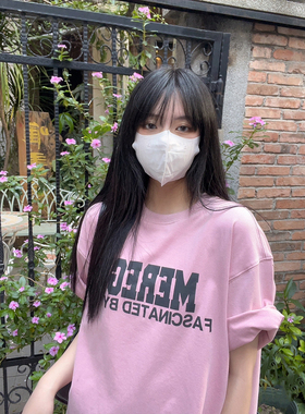 MEREGU原创 树莓色 / 雾蓝色 logo印花短袖t恤女韩版宽松上衣