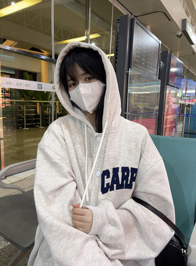 MEREGU自制 白花灰连帽棒球服外套女春秋新款韩版宽松慵懒风上衣