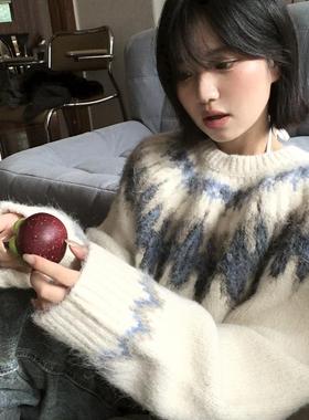 Meregu 秋冬新款撞色复古慵懒风柔软羊毛马海费尔岛圆领套头毛衣