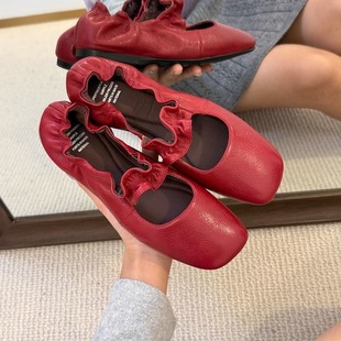 女平底鞋 秀气花边一字带浅口文艺百搭方头单鞋 头层羊皮 40码