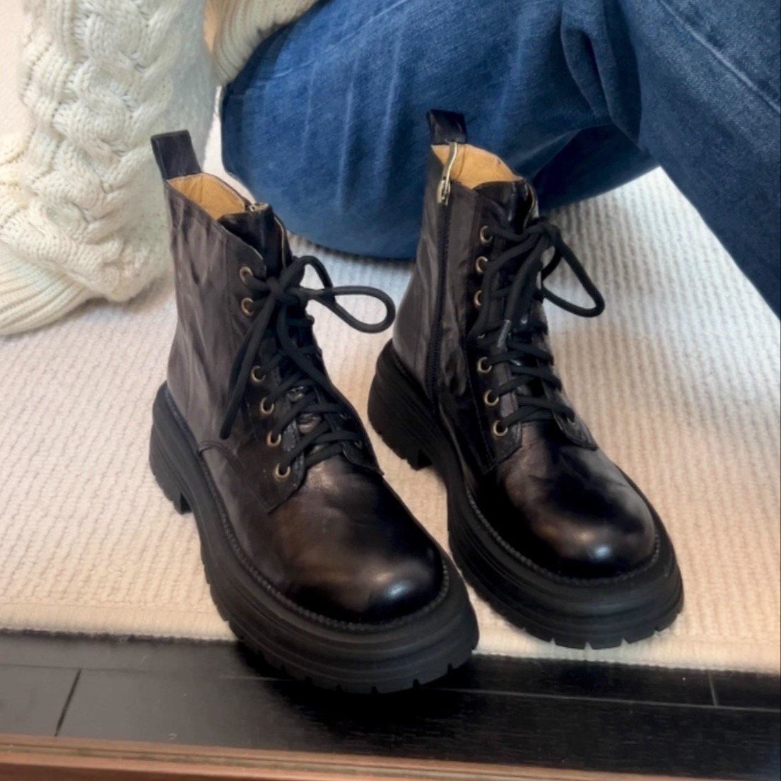 里外全真皮秋冬厚底马丁靴粗跟