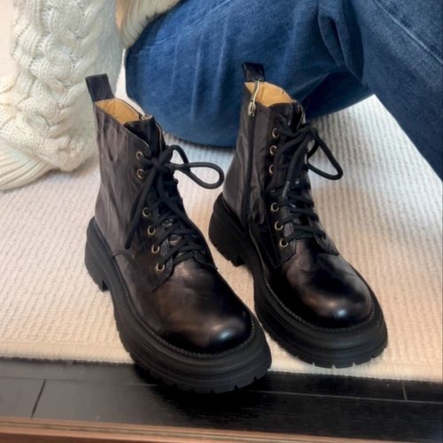 里外全真皮秋冬厚底马丁靴粗跟