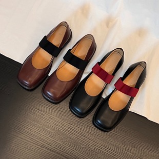 34-42码！水洗牛皮~手工鞋子~粗跟玛丽珍单鞋浅口小众拼色单鞋女