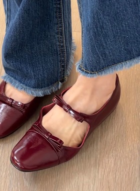 34-42码！羊皮~法式绝美蝴蝶女单鞋百搭小方头浅口平底玛丽珍鞋