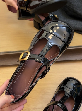 34-43码！法式复古玛丽珍鞋牛皮复古单鞋T字扣女鞋圆头镂空小皮鞋