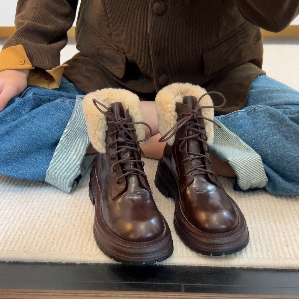 34-40码！羊皮＋靴口羊毛~短靴女秋冬新款粗跟系带显瘦增高马丁靴