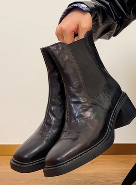 34-42码！头层水晶羊皮~方头复古切尔西靴女法式粗跟秋冬短靴