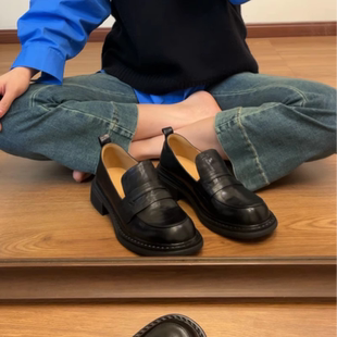 里外真皮小皮鞋 41頭層羊皮 簡約百搭樂福鞋 復古粗跟單鞋
