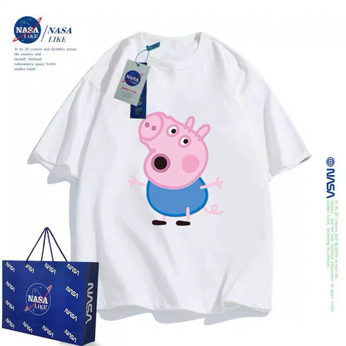 NASA联名小猪佩奇乔治儿童装新疆棉短袖T恤小孩宝宝洋气亲子装t恤