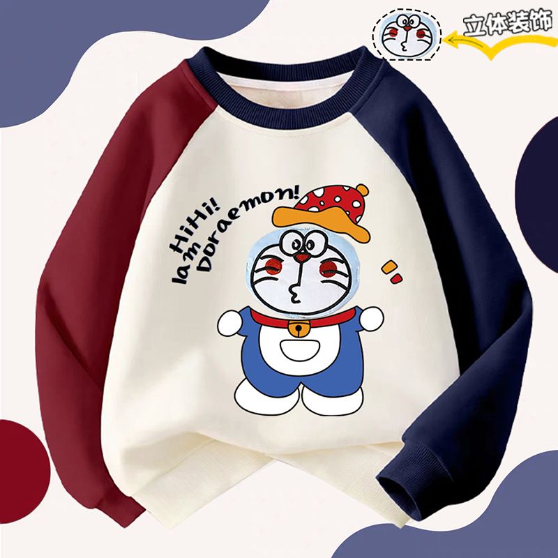 NASA小男孩叮当猫高端插肩卫衣儿童哆啦A梦立体装饰拼接加绒卫衣