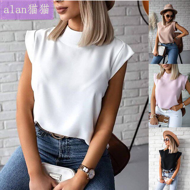 Summer simple stand collar printed ladies shirt tops women