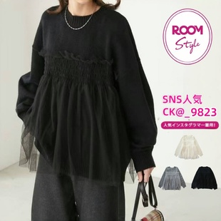 2024跨境外贸女装秋冬重工网纱拼接拼接假两件针织毛衣白领上衣