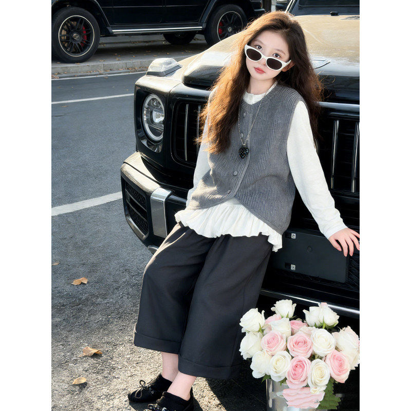 2026针织阔搭大童韩系儿童背心穿春装女童马甲衫打底裤新款腿套装