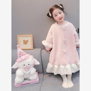 女童睡袍秋冬季珊瑚绒女宝宝半边绒睡裙儿童加厚保暖法兰绒家居服