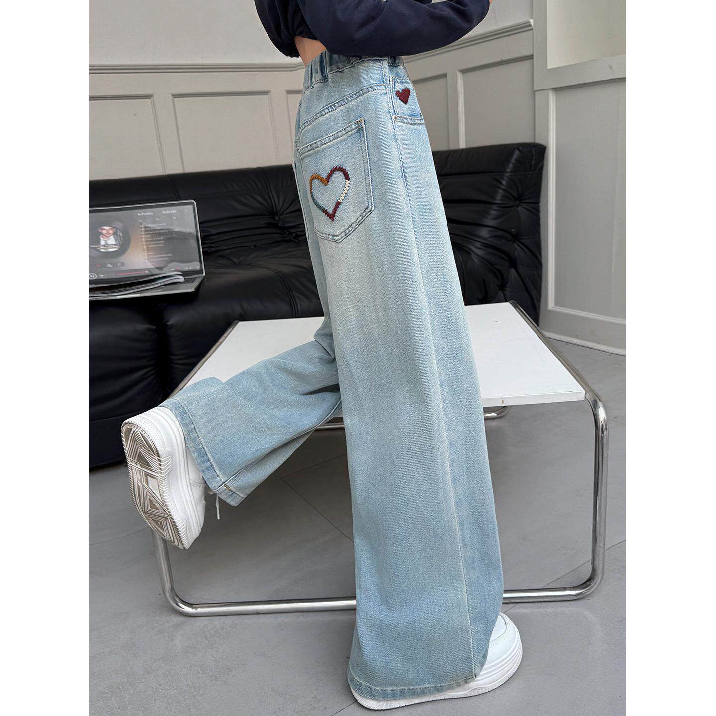 牛仔裤阔腿筒裤裤子春季洋气窄版直春装女童女孩儿童新款2026大童