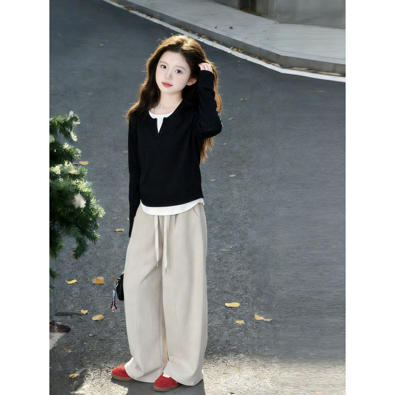 套装T恤2026上衣假chic衫打底新款女童两件长袖春装儿童休闲裤子