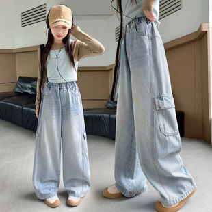 春款时髦裤子休闲阔腿裤女大童洋气牛仔裤春季女童儿童工装裤春秋