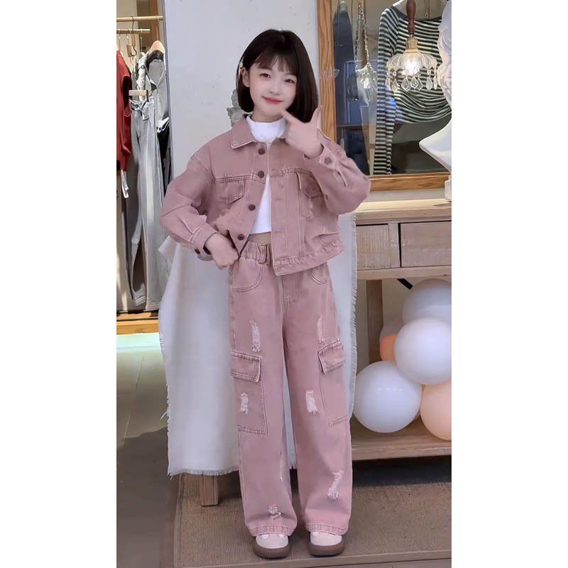春秋大童两件套2025套装阔腿裤女童款潮外套牛仔工装儿童炸街新款